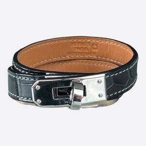 Hermes Black Crocodile & Palladium Hardware Kelly Double Tour Bracelet